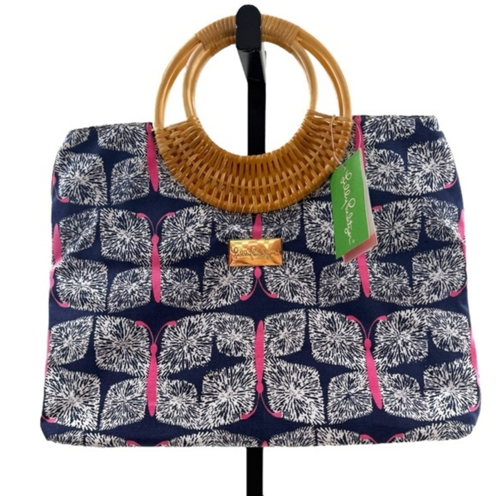 Lilly Pulitzer Straw Handle Tote Bag Navy Blue Buttefly‎ Beach Travel Purse NWT